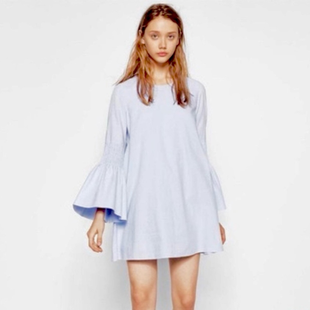 Zara Light Blue Cotton Bell Sleeve Denim Dress Romper Size Medium